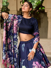 Adorable Navy Blue Floral Printed Silk Event Wear Lehenga Choli - Ethnic Plus In