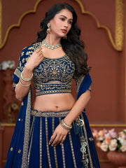 Adorable Navy Blue Sequins Georgette Lehenga Choli With Dupatta - Ethnic Plus In