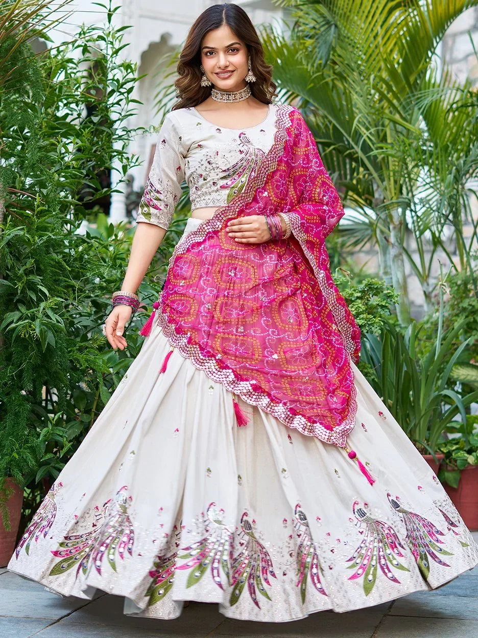 White lehenga choli with peacock embroidery and pink dupatta, Indian ethnic wear for women