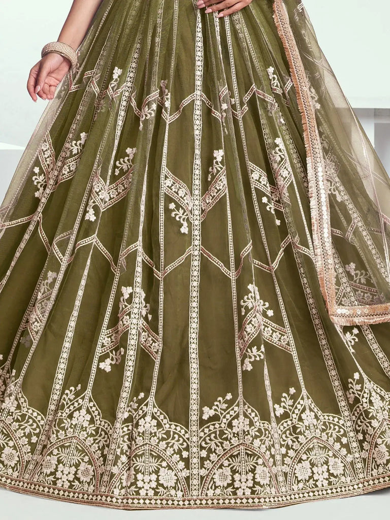 Adorable Olive Green Sequins Net Mehendi Wear Lehenga Choli - Ethnic Plus In