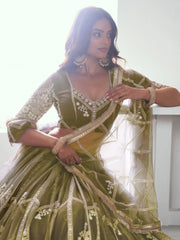 Adorable Olive Green Sequins Net Mehendi Wear Lehenga Choli - Ethnic Plus In