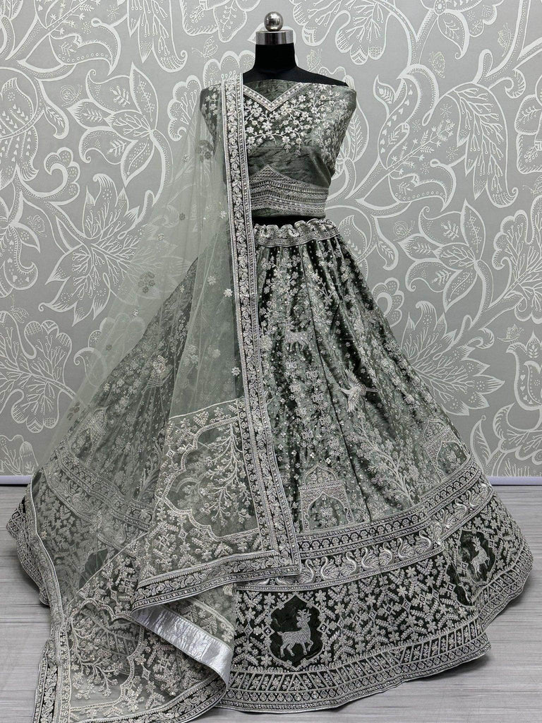 Adorable Olive Green Sequins Velvet Bridesmaid Lehenga Choli With Dupatta - Ethnic Plus In