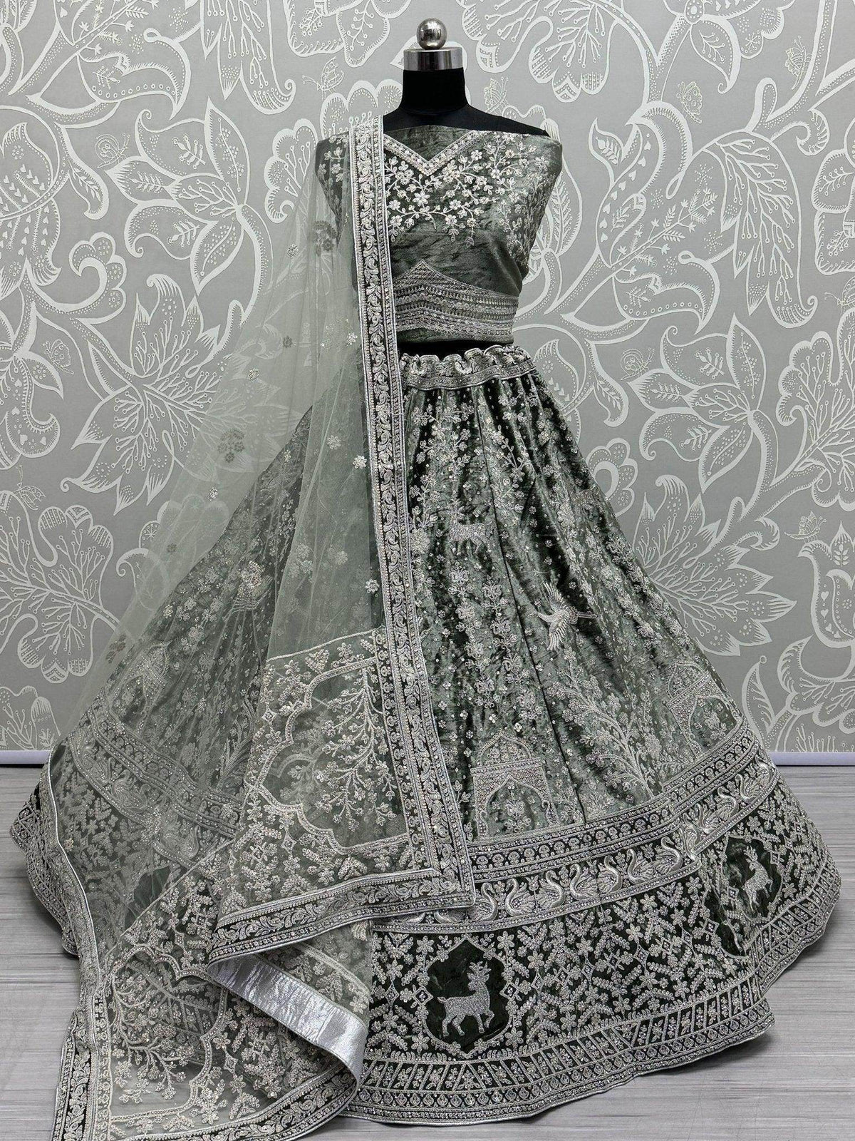 Adorable Olive Green Sequins Velvet Bridesmaid Lehenga Choli With Dupatta - Ethnic Plus In