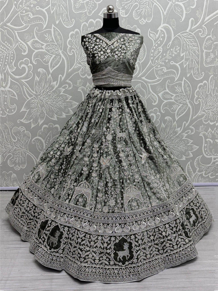 Adorable Olive Green Sequins Velvet Bridesmaid Lehenga Choli With Dupatta - Ethnic Plus In