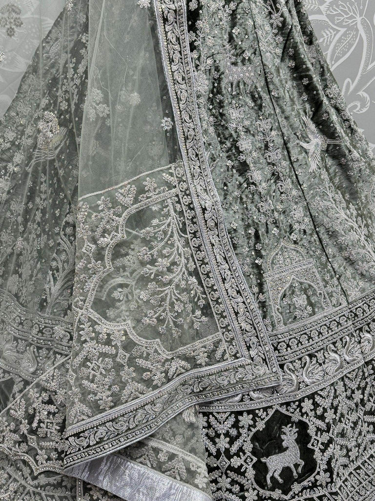 Adorable Olive Green Sequins Velvet Bridesmaid Lehenga Choli With Dupatta - Ethnic Plus In