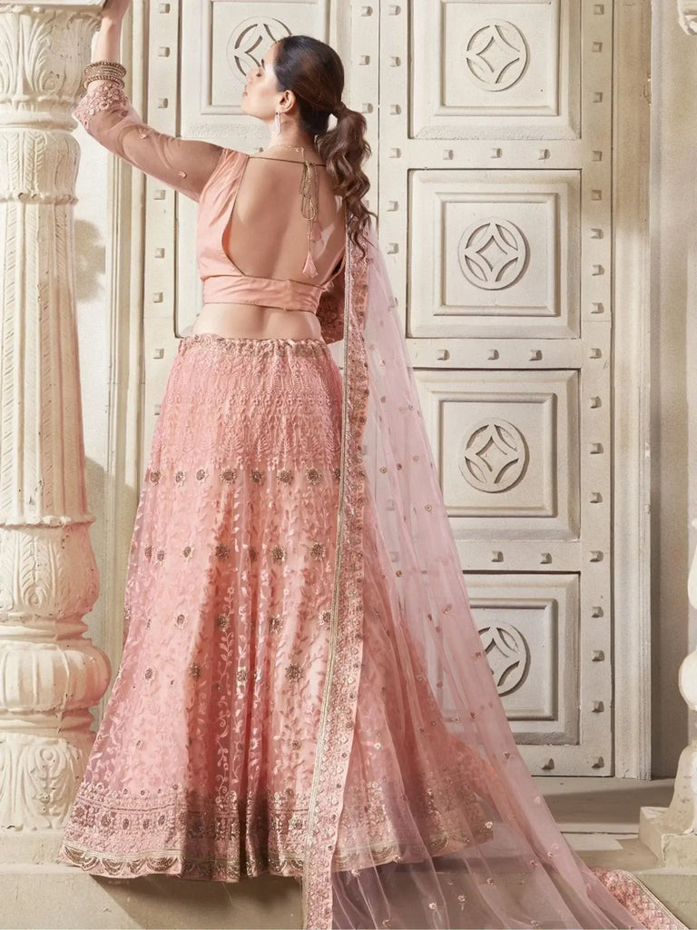 Adorable Peach Color Thread Work Net Engagement Wear Lehenga Choli - Ethnic Plus In