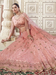 Adorable Peach Color Thread Work Net Engagement Wear Lehenga Choli - Ethnic Plus In