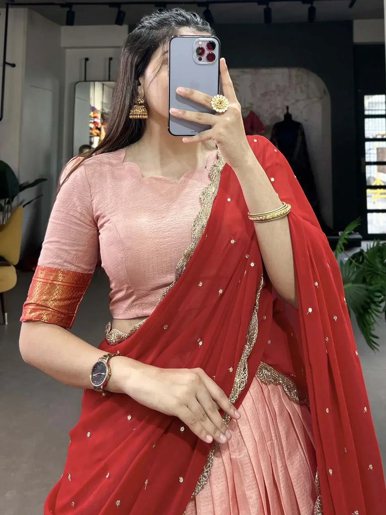 Adorable Peach Embroidered Cotton Festival Wear Half Saree Lehenga - Ethnic Plus In