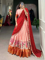 Adorable Peach Embroidered Cotton Festival Wear Half Saree Lehenga