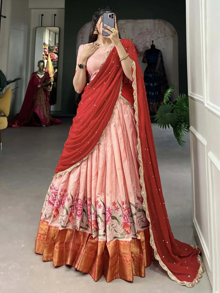Adorable Peach Embroidered Cotton Festival Wear Half Saree Lehenga - Ethnic Plus In
