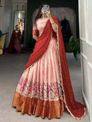 Adorable Peach Embroidered Cotton Festival Wear Half Saree Lehenga - Ethnic Plus In