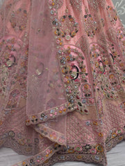 Adorable Peach Thread Work Net Lehenga Choli With Dupatta - Ethnic Plus In
