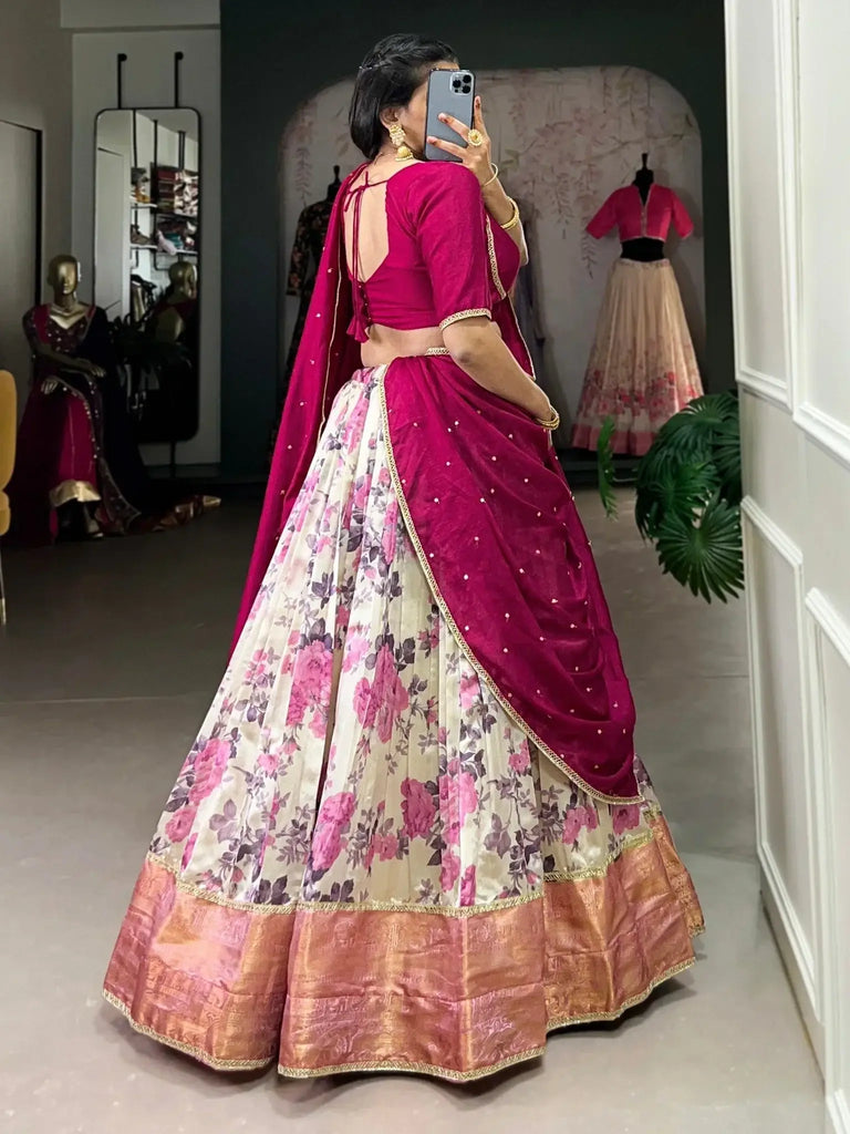 Adorable Pink Floral Printed Dola Silk Sangeet Wear Lehenga Choli - Ethnic Plus In