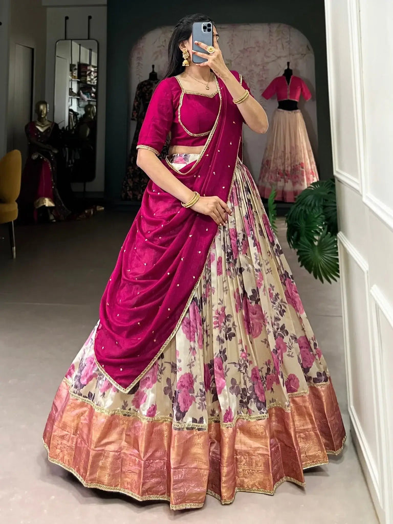 Adorable Pink Floral Printed Dola Silk Sangeet Wear Lehenga Choli - Ethnic Plus In