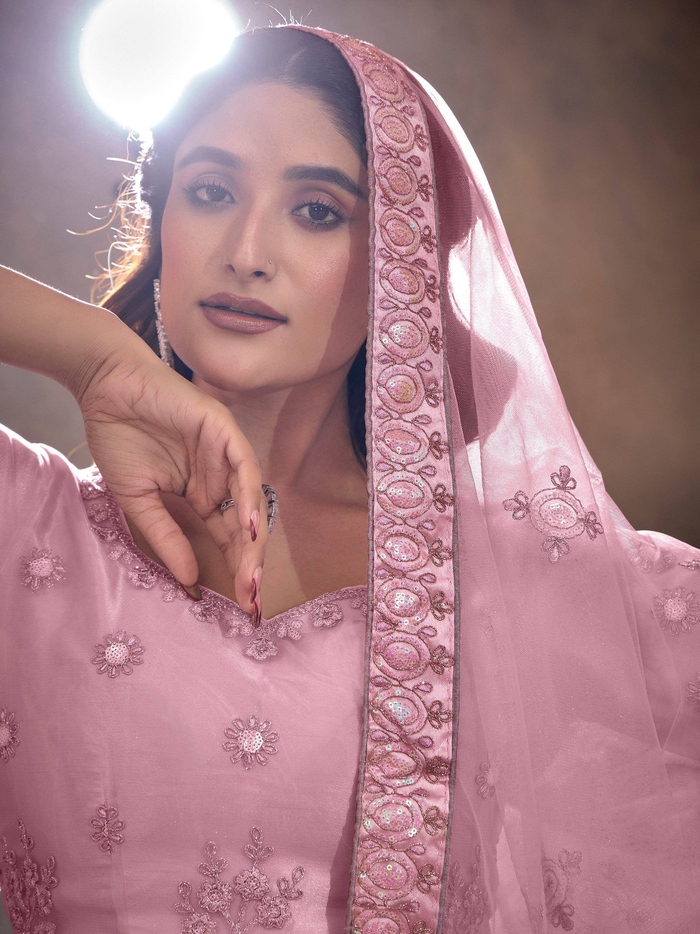 Pink embroidered salwar kameez with sequin dupatta, Indian ethnic wear for women