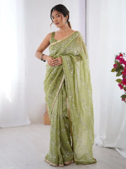 Adorable Pista Green Sequins Organza Saree With Blouse - Ethnic Plus In