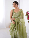Adorable Pista Green Sequins Organza Saree With Blouse - Ethnic Plus In