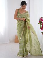 Adorable Pista Green Sequins Organza Saree With Blouse
