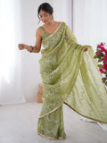 Adorable Pista Green Sequins Organza Saree With Blouse - Ethnic Plus In
