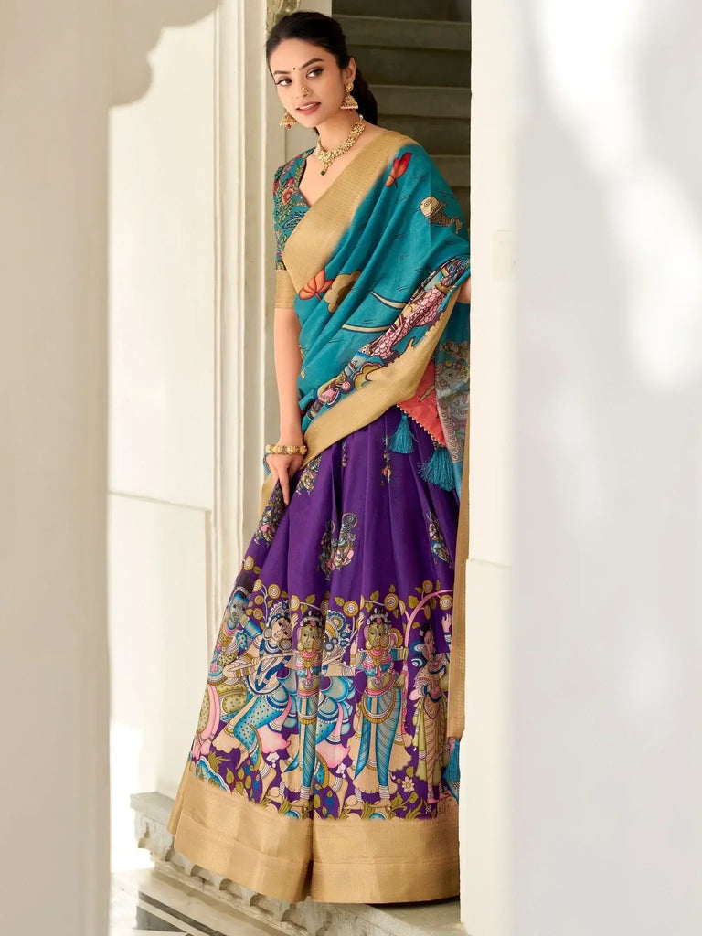 Adorable Purple Kalamkari Print Dola Silk Lehenga With Teal Blue Choli - Ethnic Plus In