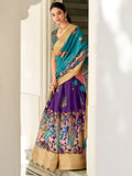 Adorable Purple Kalamkari Print Dola Silk Lehenga With Teal Blue Choli - Ethnic Plus In
