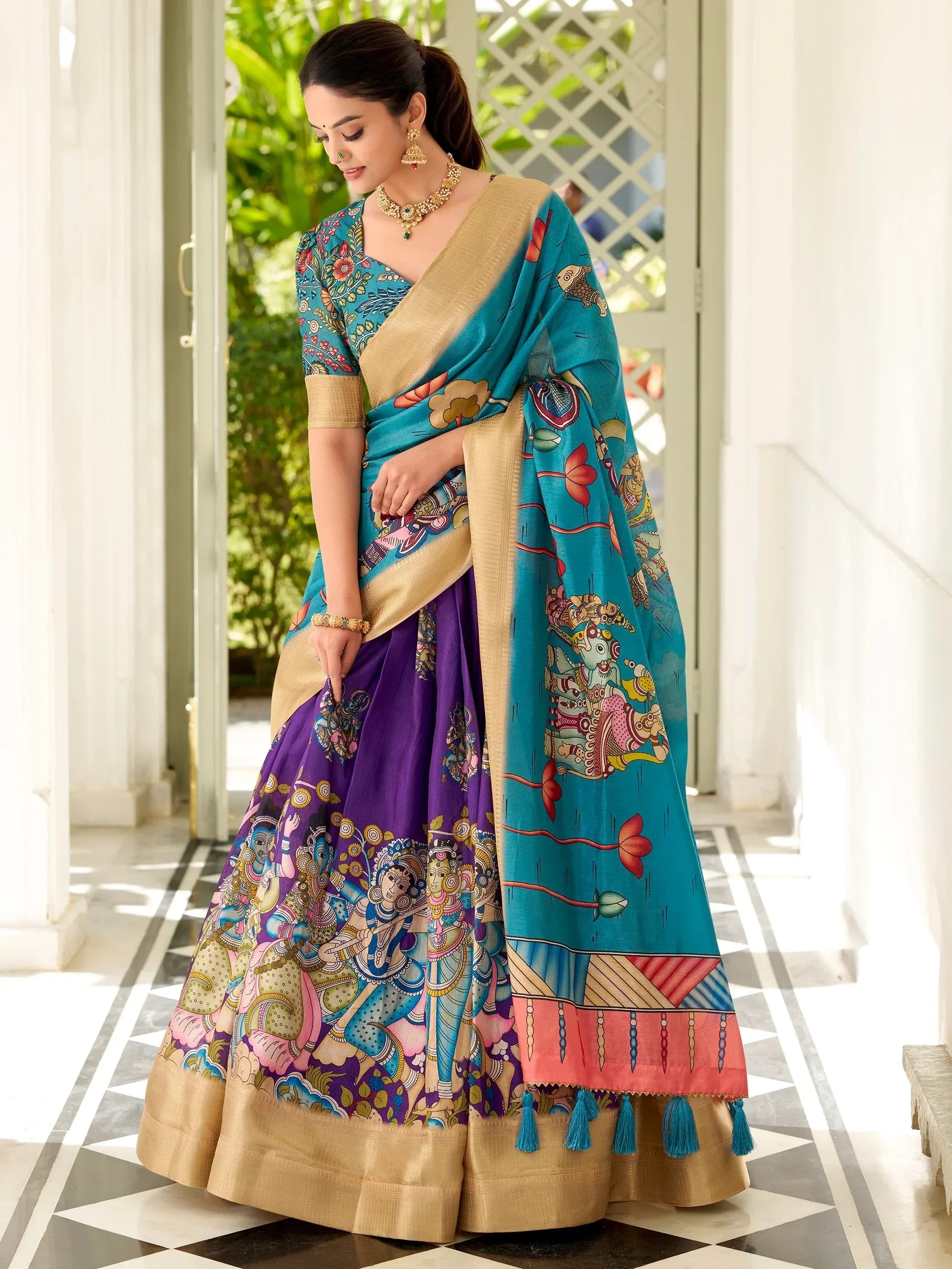 Adorable Purple Kalamkari Print Dola Silk Lehenga With Teal Blue Choli - Ethnic Plus In