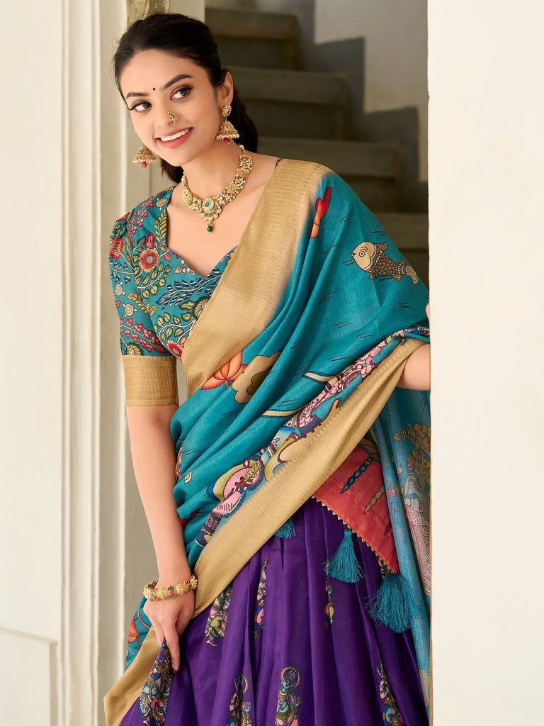 Adorable Purple Kalamkari Print Dola Silk Lehenga With Teal Blue Choli - Ethnic Plus In