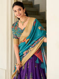 Adorable Purple Kalamkari Print Dola Silk Lehenga With Teal Blue Choli - Ethnic Plus In