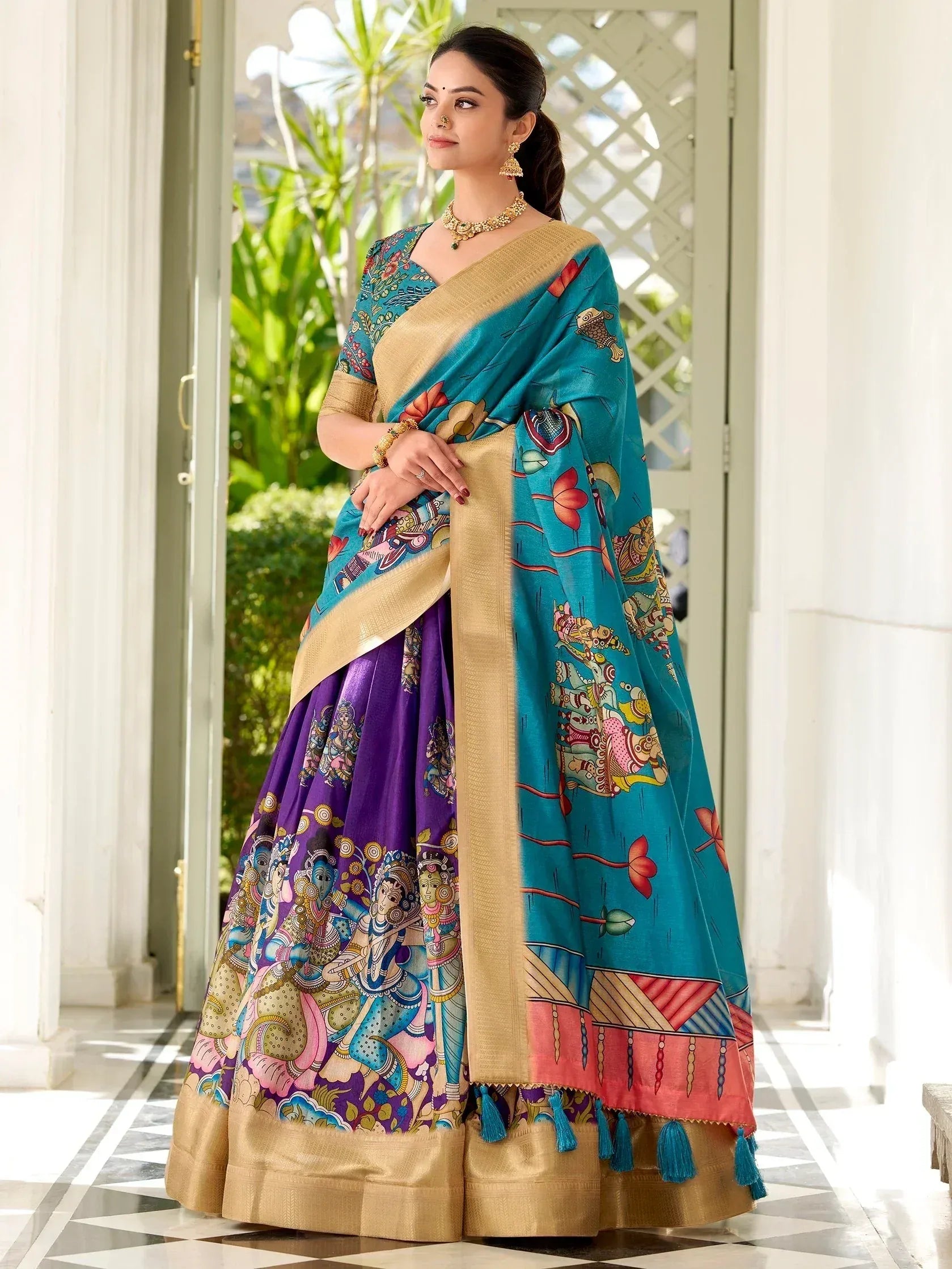 Teal and purple printed lehenga choli with gold border, ethnic Indian wear for women