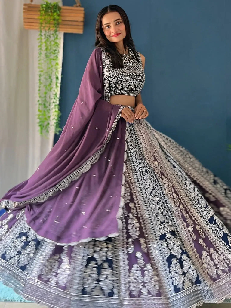 Adorable Purple Sequins Work Georgette Wedding Lehenga Choli - Ethnic Plus In