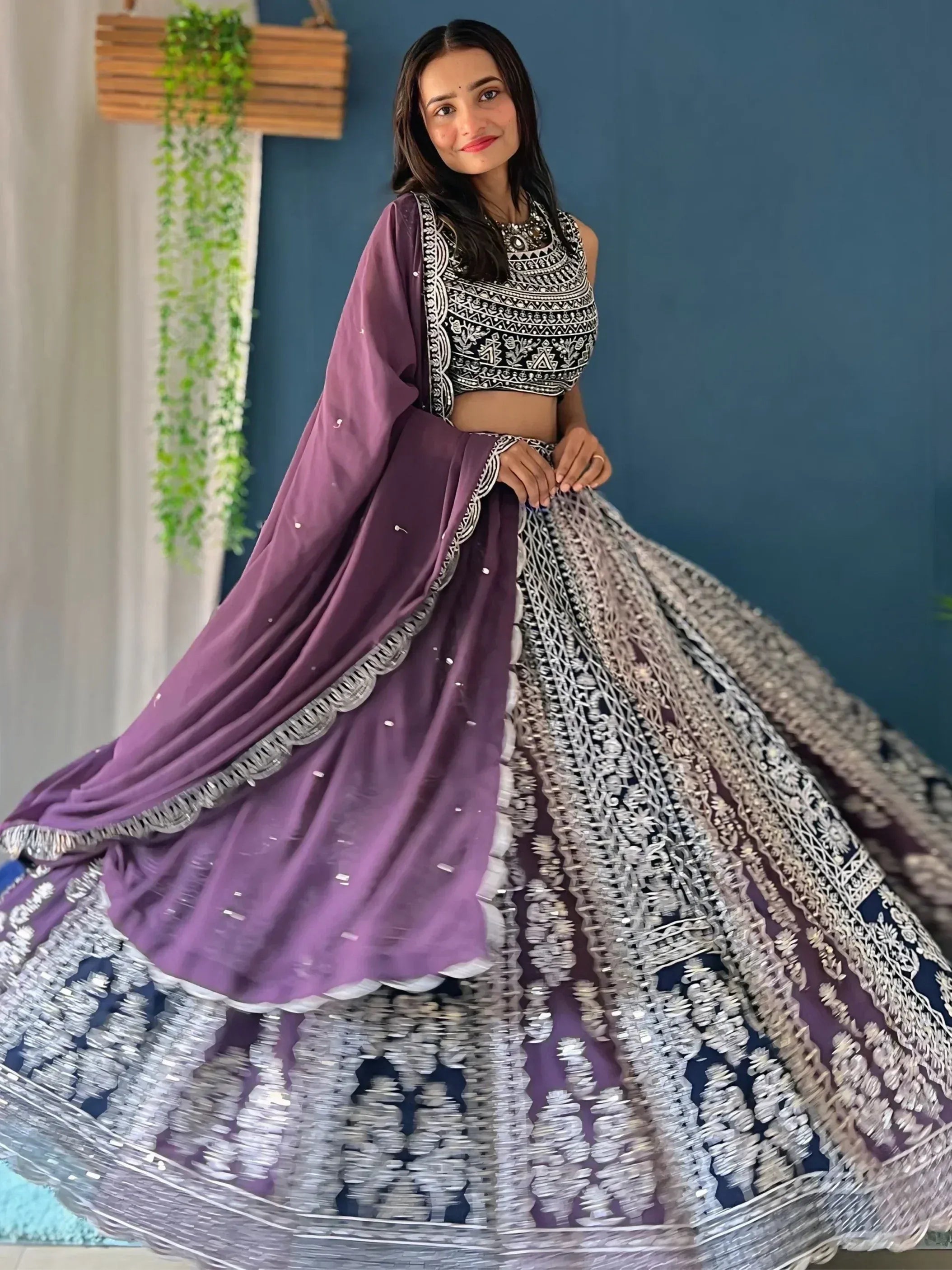 Purple and silver embroidered lehenga choli with dupatta, Indian ethnic wear for women