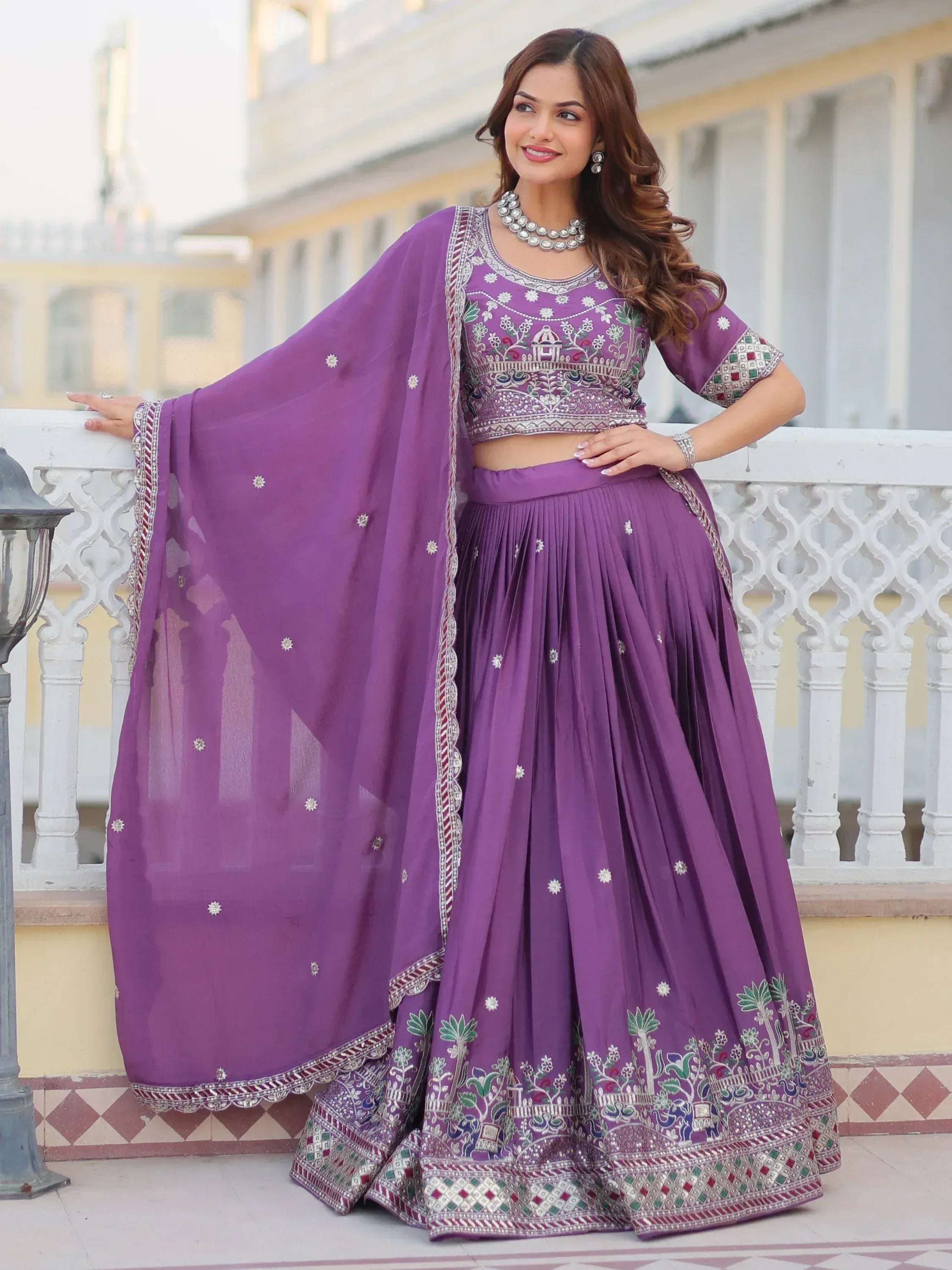 Purple embroidered lehenga choli with dupatta, Indian ethnic wear for women