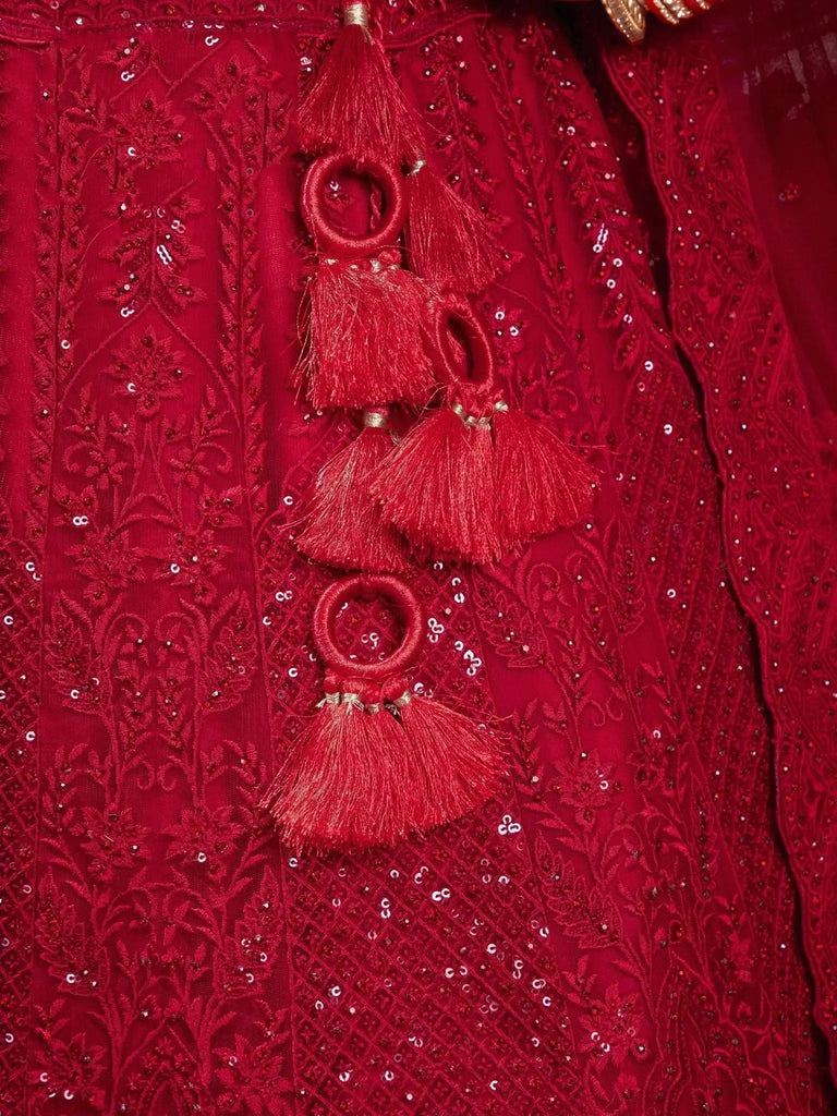 Adorable Red Color Sequins Work Net Bridal Wear Lehenga Choli - Ethnic Plus In