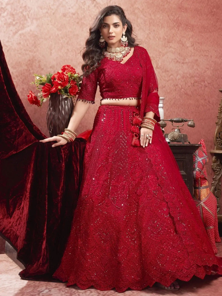 Adorable Red Color Sequins Work Net Bridal Wear Lehenga Choli - Ethnic Plus In
