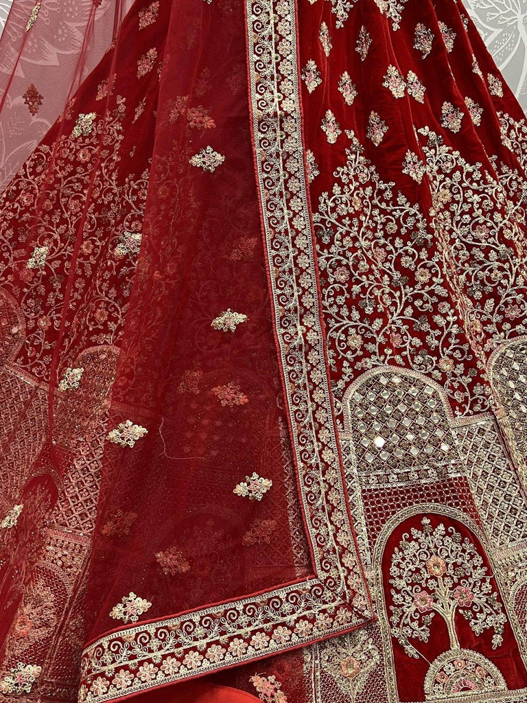 Adorable Red Embroidered Velvet Bridal Lehenga Choli With Dupatta - Ethnic Plus In