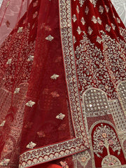 Adorable Red Embroidered Velvet Bridal Lehenga Choli With Dupatta - Ethnic Plus In