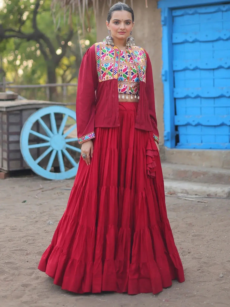 Adorable Red Thread Embroidered Rayon Navratri Lehenga Choli With Koti - Ethnic Plus In