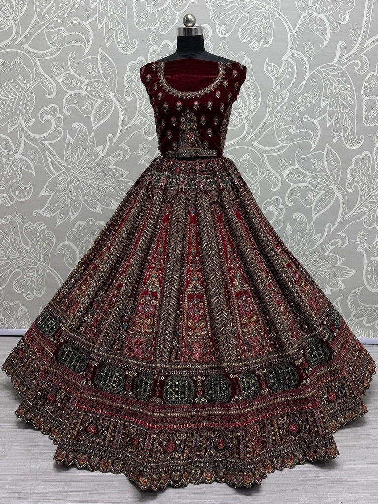 Adorable Red Velvet Thread Embroidered Bridal Lehenga Choli With Dupatta - Ethnic Plus In