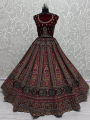 Adorable Red Velvet Thread Embroidered Bridal Lehenga Choli With Dupatta - Ethnic Plus In