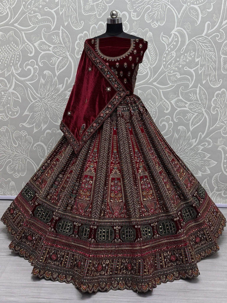 Adorable Red Velvet Thread Embroidered Bridal Lehenga Choli With Dupatta - Ethnic Plus In