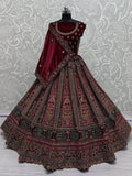Adorable Red Velvet Thread Embroidered Bridal Lehenga Choli With Dupatta - Ethnic Plus In
