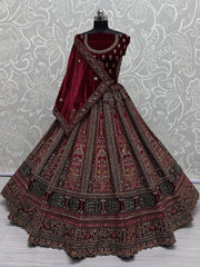 Adorable Red Velvet Thread Embroidered Bridal Lehenga Choli With Dupatta - Ethnic Plus In