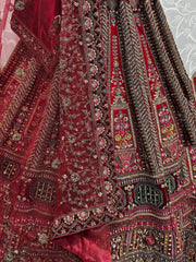 Adorable Red Velvet Thread Embroidered Bridal Lehenga Choli With Dupatta - Ethnic Plus In