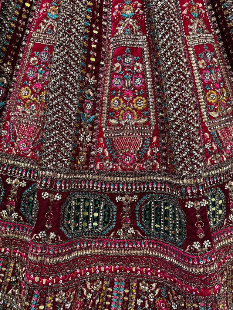 Adorable Red Velvet Thread Embroidered Bridal Lehenga Choli With Dupatta - Ethnic Plus In