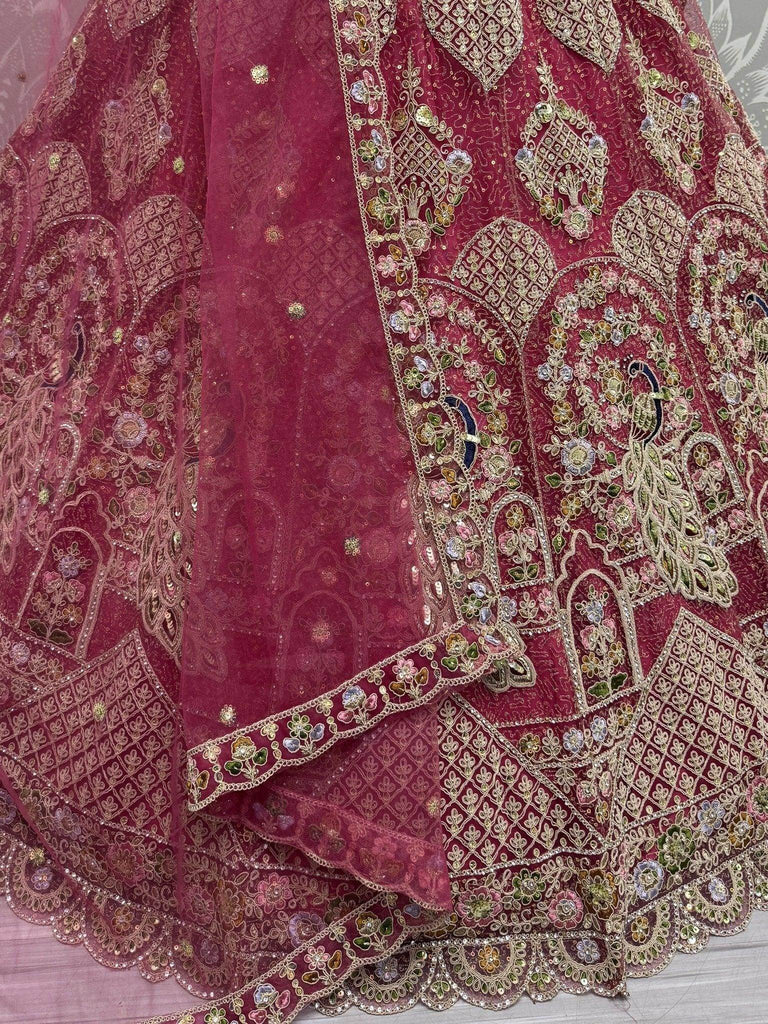Adorable Rose Pink Embroidered Sequins Net Lehenga Choli With Dupatta - Ethnic Plus In