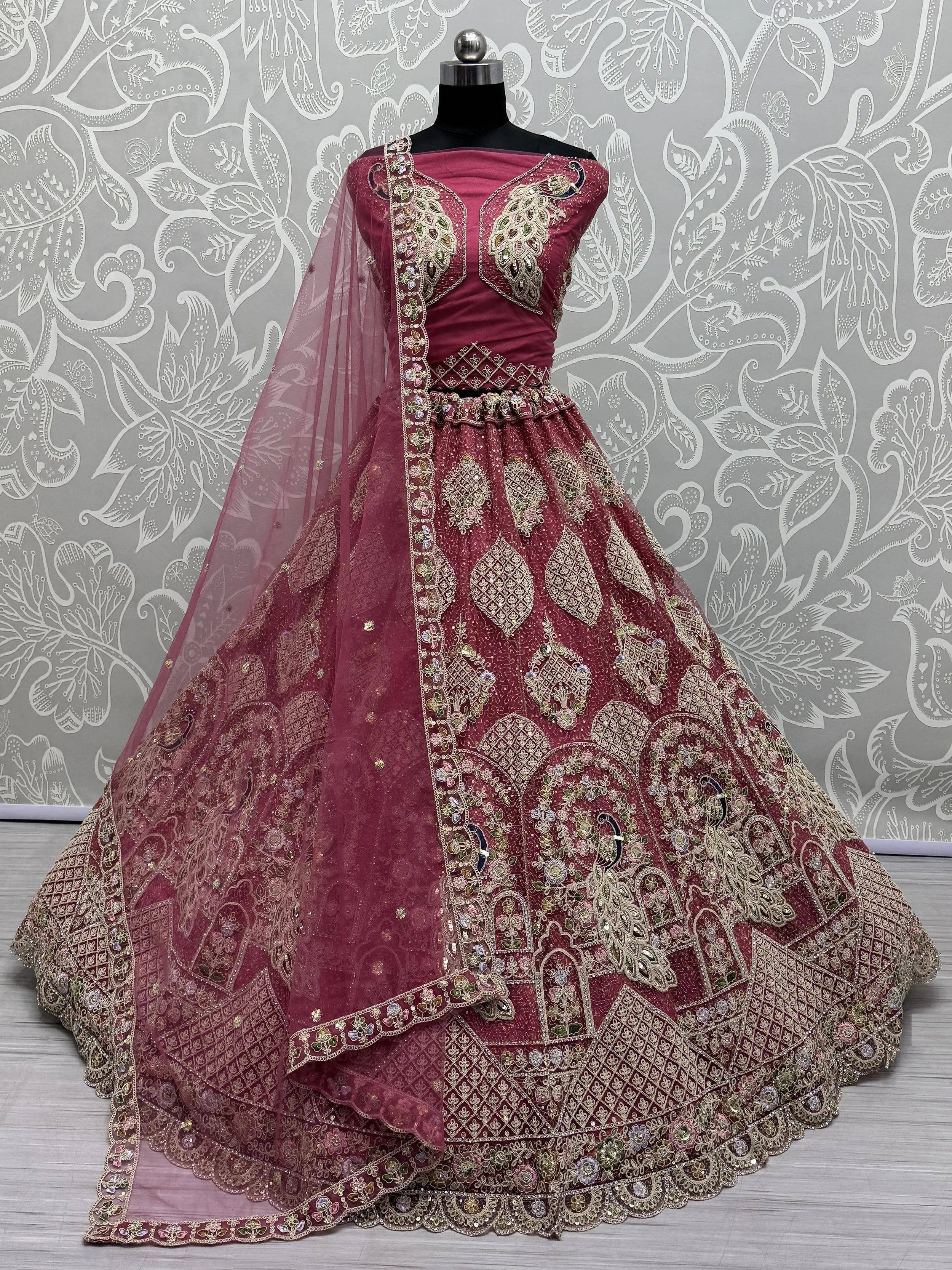 Maroon designer lehenga choli with peacock embroidery and net dupatta, Indian ethnic wear
