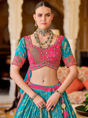 Adorable Sky - Blue Foil Printed Silk Designer Lehenga Choli With Dupatta - Ethnic Plus In
