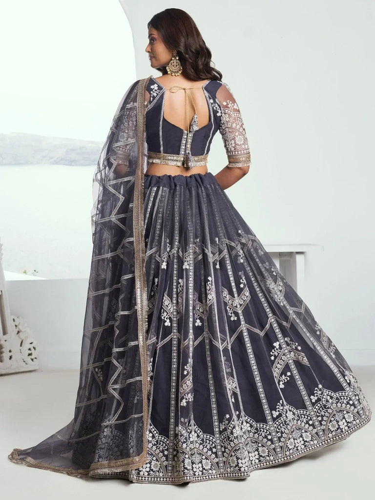 Adorable Slate Grey Embroidered Net Engagement Wear Lehenga Choli - Ethnic Plus In