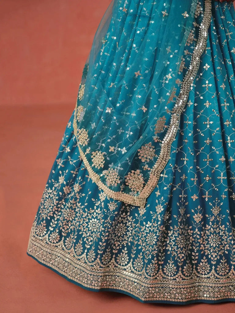 Adorable Teal Blue Georgette Zari Embroidered Lehenga Choli - Ethnic Plus In