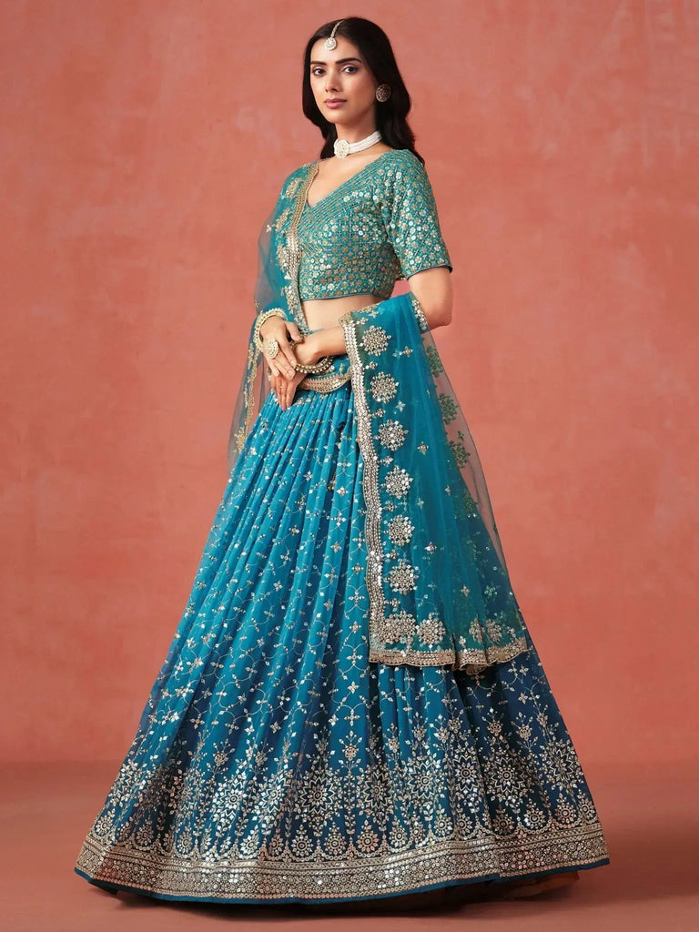 Adorable Teal Blue Georgette Zari Embroidered Lehenga Choli - Ethnic Plus In